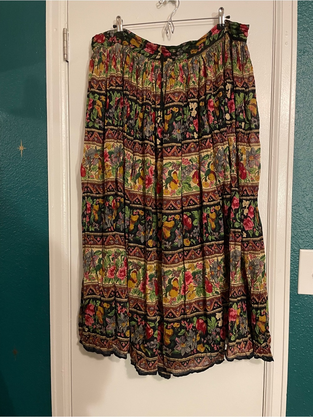 Vintage Bohemian Floral Cotton Maxi Skirt in Black and Multicolor